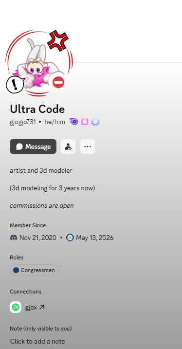 Profile exhibit: the platform account "Ultra Code," handle gjogjo731, Spotify connection gjox